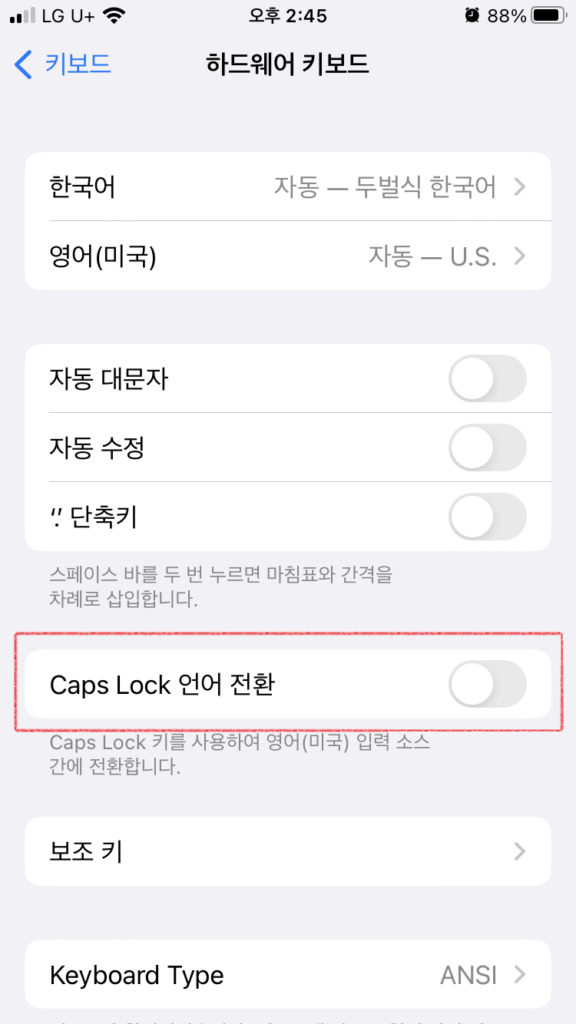 아이폰의 하드웨어 키보드 설정 중 Caps Lock 언어 전환 토글을 끈다